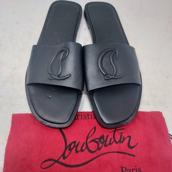Christian Louboutin Black Flat CL Logo Mule Slide Sandal - Picture 8 of 9
